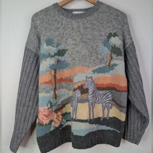 Vintage Wool Blend Knit Sweater Zebra Scenery